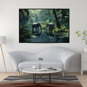 Jungle Oasis - Wild Elephants in Lush Tropical Stream Canvas Painting