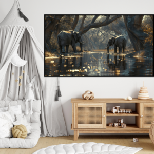 River Elephants at Sunset - African Wildlife Canvas Painting