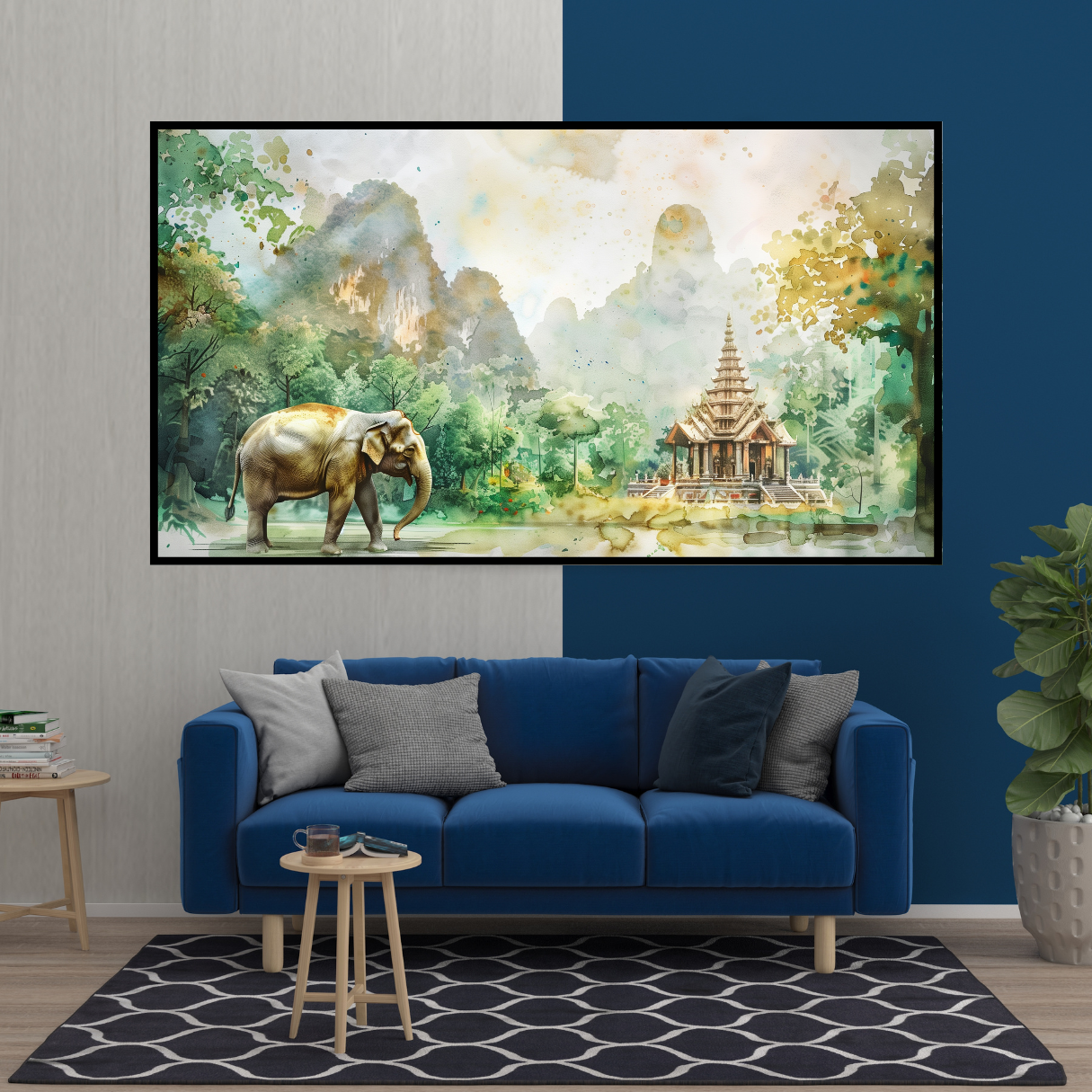 Serenity in Southeast Asia - Elephant and Temple Watercolor Canvas Painting - Image 2