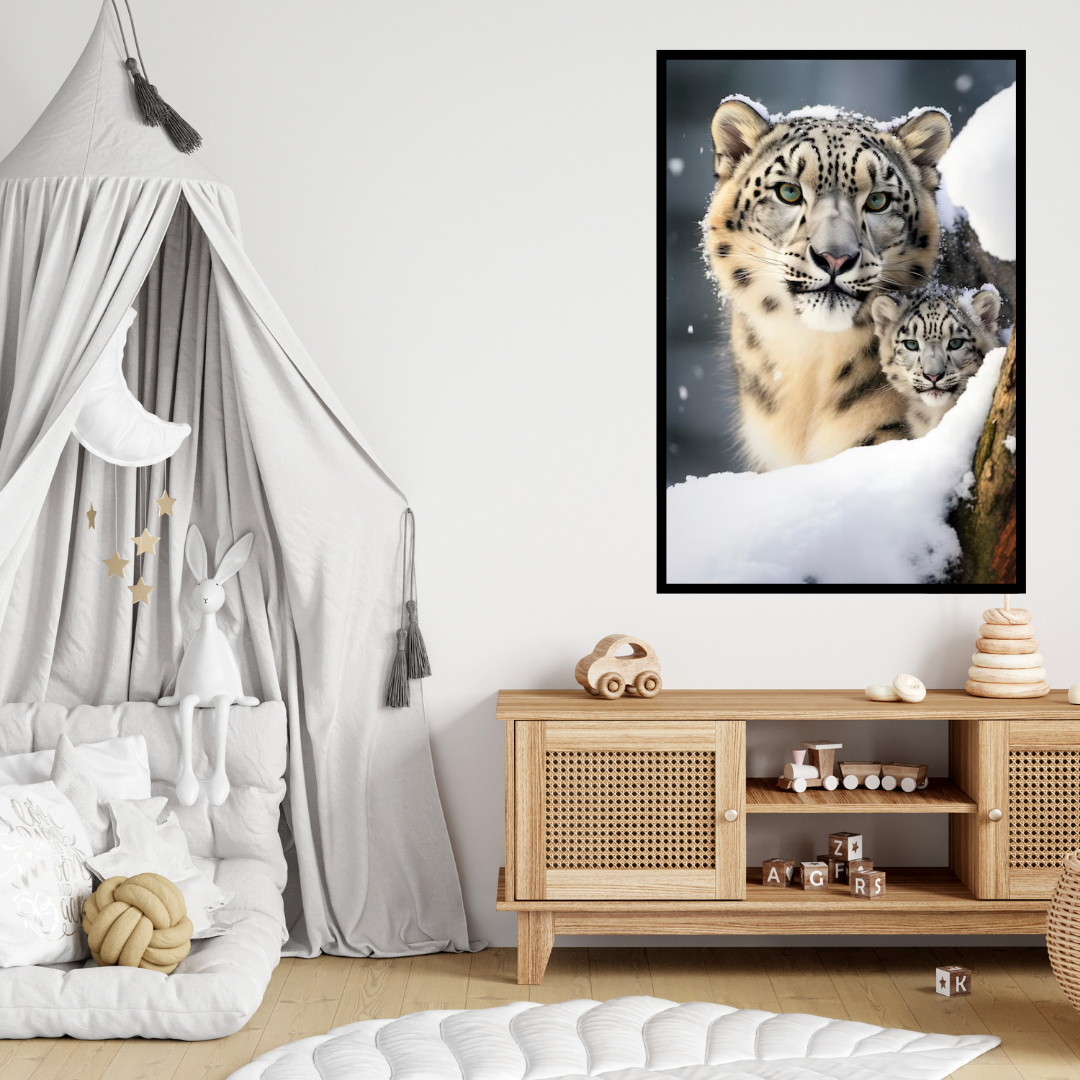 A Mother's Vigil - Snow Leopard Mother and Cub Canvas Painting - Image 2