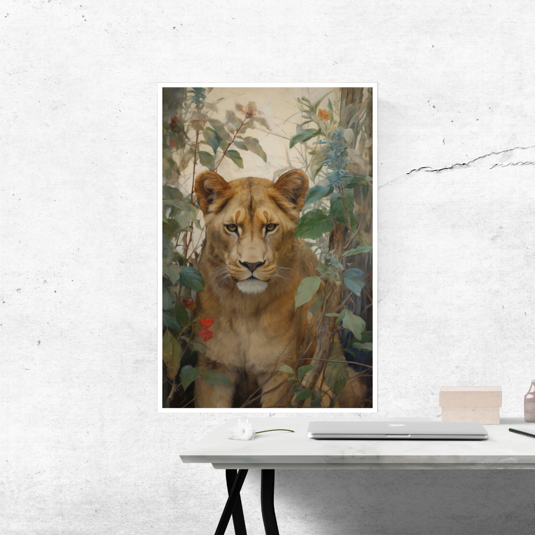 Hidden Watcher - Lioness in Jungle Foliage Canvas Painting