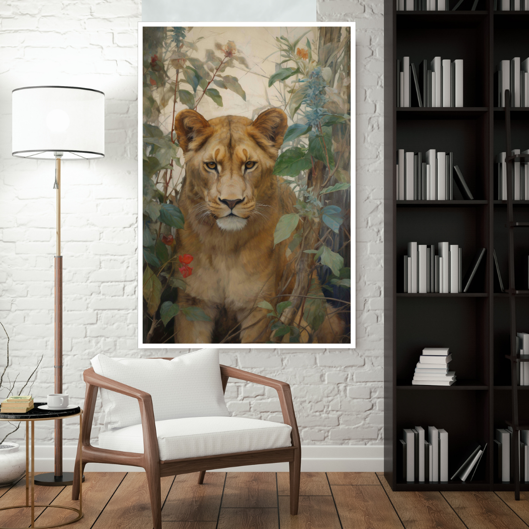 Hidden Watcher - Lioness in Jungle Foliage Canvas Painting - Image 2