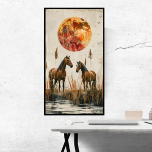 Lunar Horses - Two Brown Horses Under Moonlight Canvas Painting