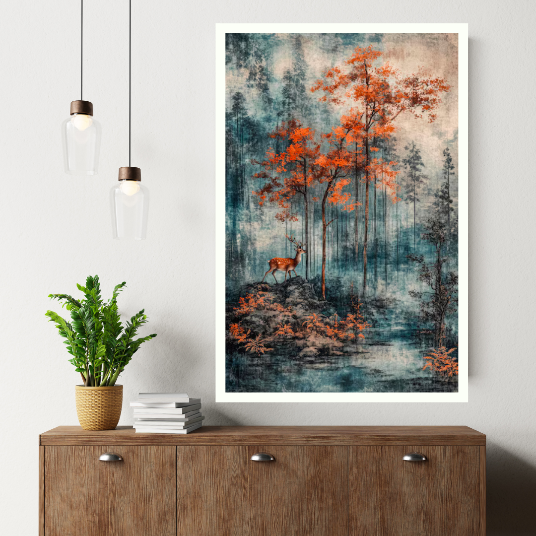 Golden Hues of Autumn - Deer in Serene Fall Forest Canvas Painting