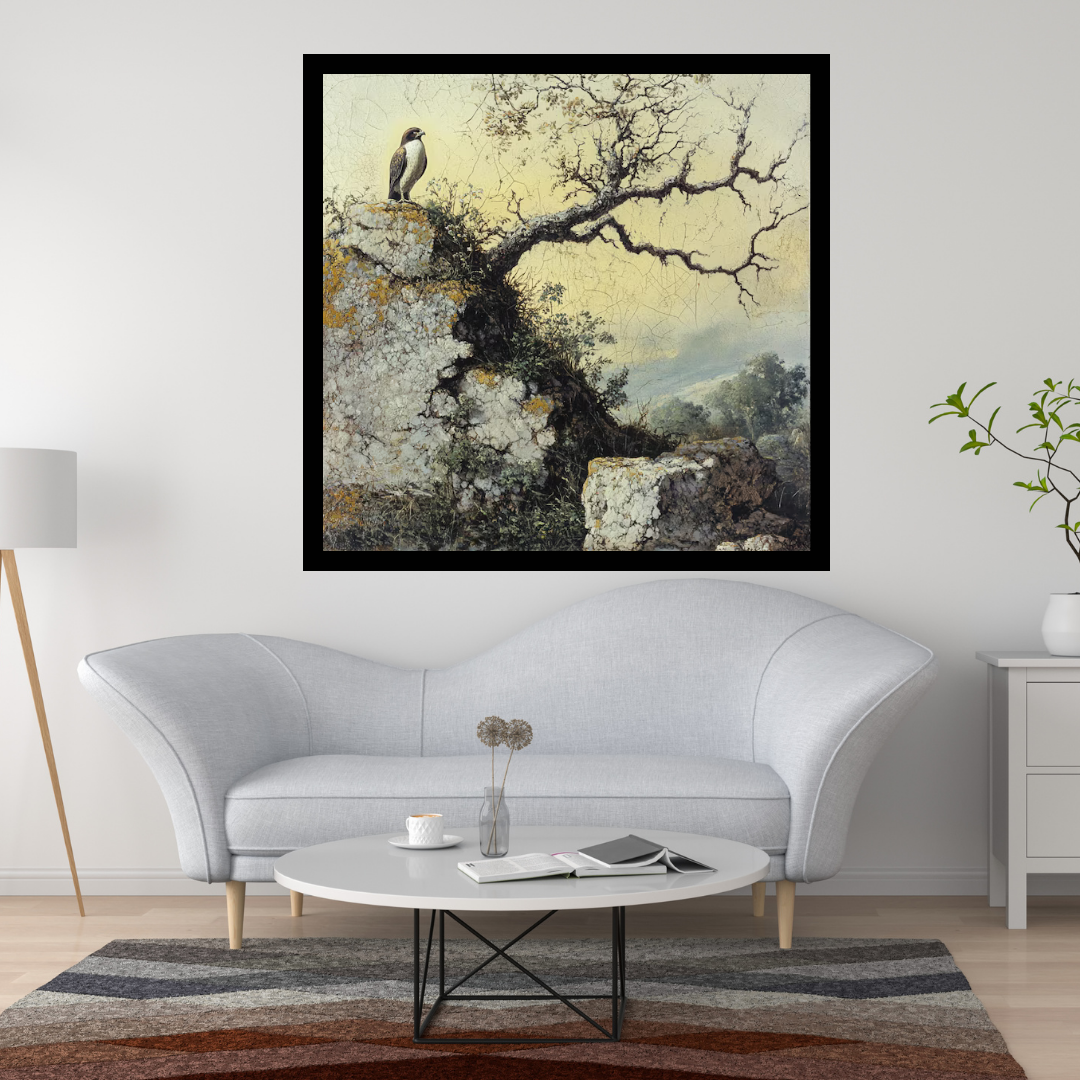 Solitary Falcon - Perched Bird of Prey on Rocky Landscape Canvas Painting