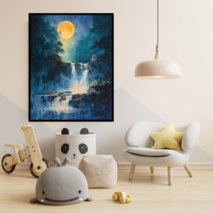 Lunar Serenity - Moonlit Waterfall Canvas Painting