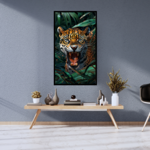 Echo of the Wild - Roaring Jaguar in Lush Jungle Canvas Painting