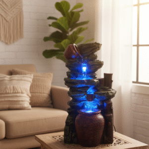 Art O Hub | 25 Inch Rustic Rock, Pot & Wood Waterfall Fountain | Fiberglass | Green & Brown